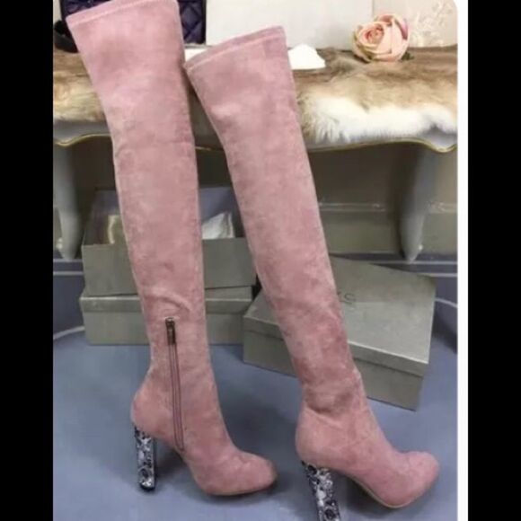 Faux Suede Over Knee Boots Rhinestone Block High Heel Stretch Thigh Boot pink 🔥 - Picture 3 of 10
